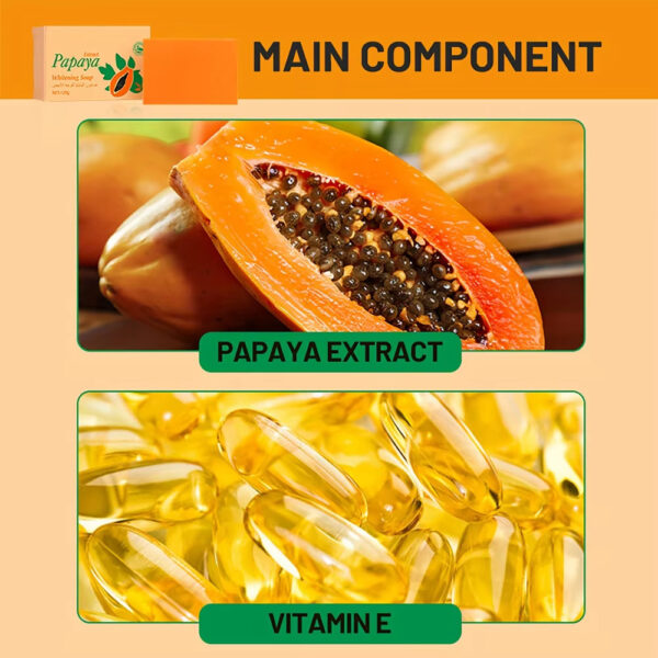 Papaya soap on bamboo soap dish with tropical leaves around