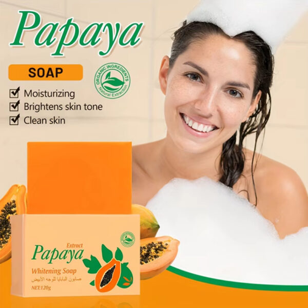 Smiling woman enjoying a bubble bath with papaya soap; natural skincare for moisturizing, brightening skin tone, and deep cleansing