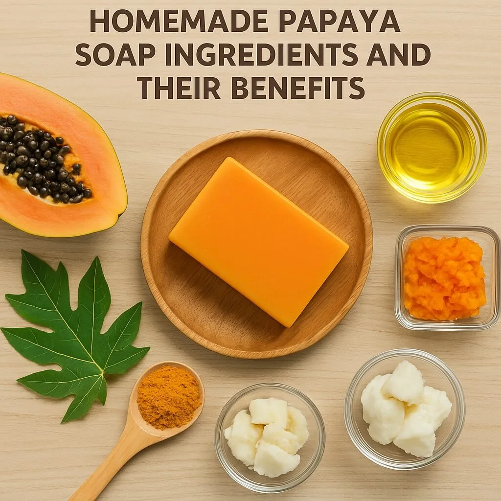 Flat lay of essential homemade papaya soap ingredients including papaya, oils, and natural additives