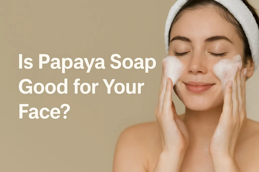 Smiling woman washing her face with foam, illustrating the question: Is Papaya Soap Good for Your Face