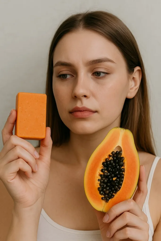 Portrait with papaya soap and fresh papaya in hand, visualizing the topic: Is Papaya Soap Good for Your Face