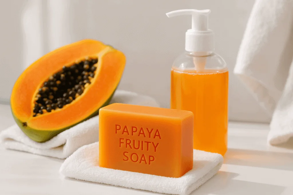 Papaya Fruity Soap in a bathroom scene, highlighting its tropical fragrance and skin-refreshing qualities