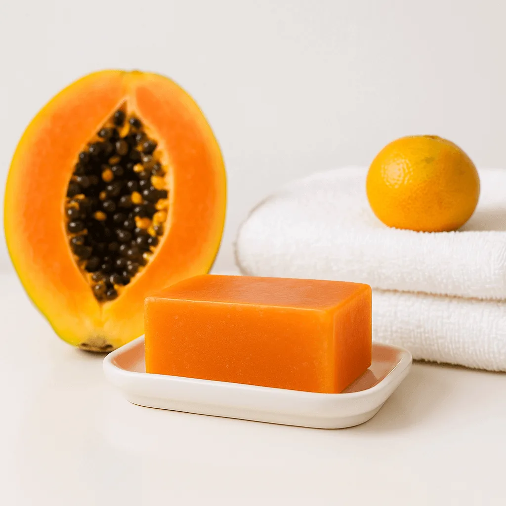 Papaya Fruity Soap on a wooden tray with papaya slices, emphasizing its natural fruity ingredients and vibrant appeal