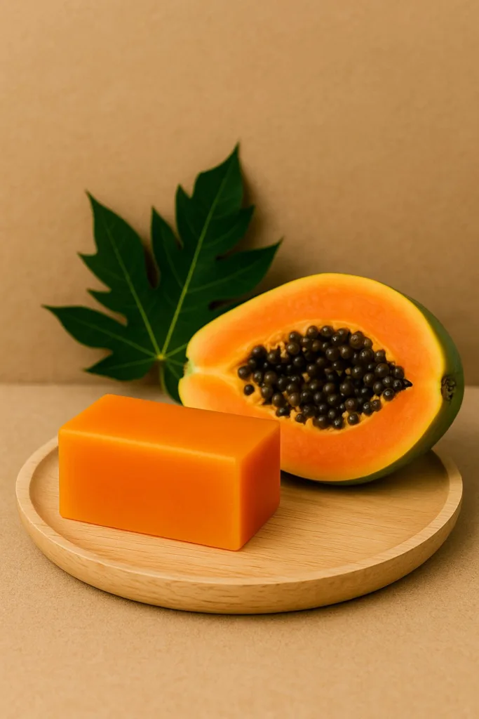 Close-up of a bar illustrating Papaya Soap Uses for exfoliating and nourishing the skin