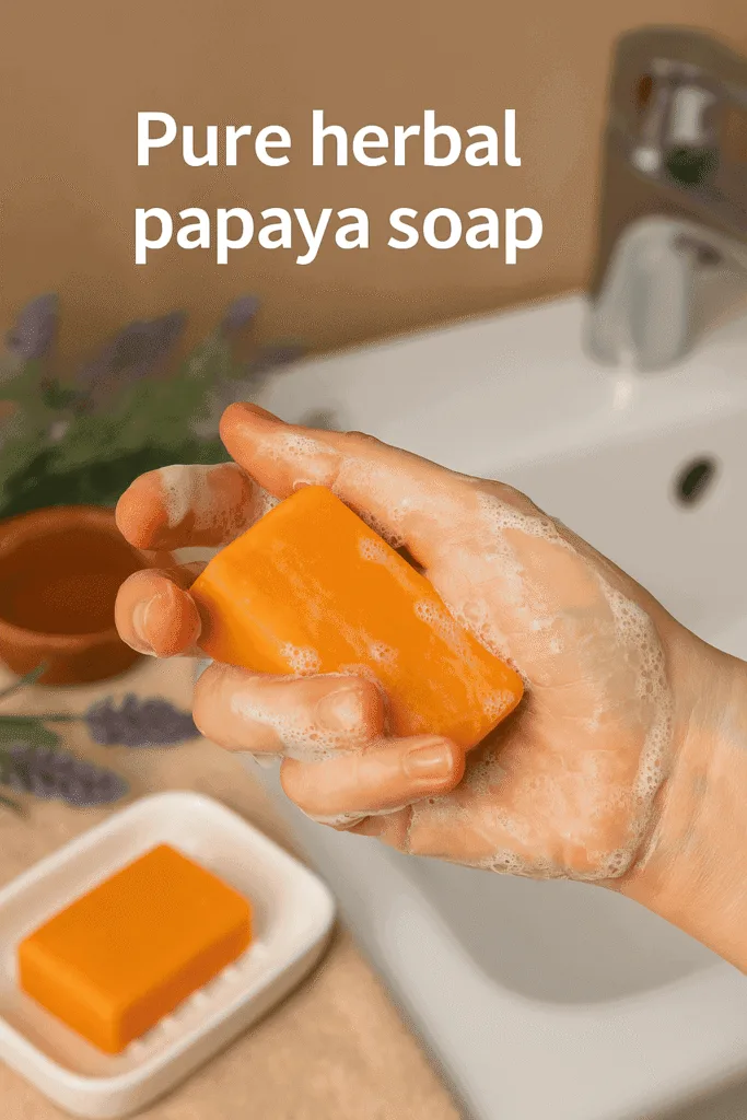Pure Herbal Papaya Soap gently lathered in hand, highlighting its natural cleansing and brightening effects