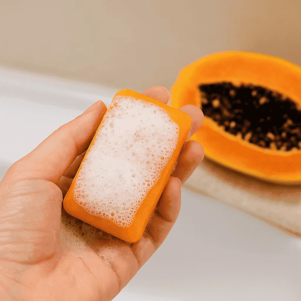 A bar of Pure Herbal Papaya Soap placed beside fresh herbal ingredients, showcasing its organic skincare benefits