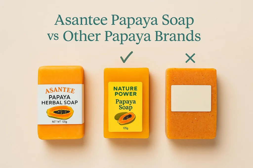 Asantee Papaya Soap product lineup displayed alongside competing brands for comparison