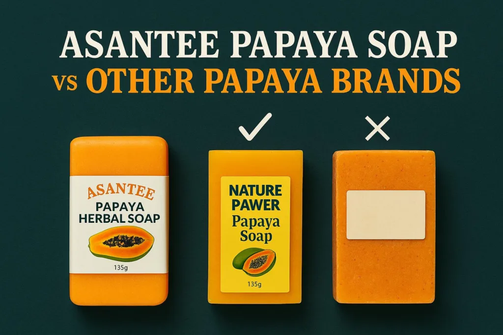 Infographic highlighting key benefits and whitening effects of Asantee Papaya Soap