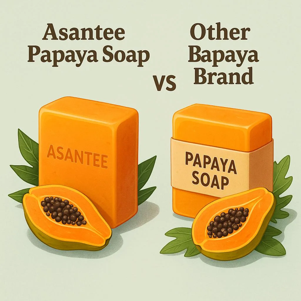 Side-by-side digital illustration comparing Asantee Papaya Soap with other papaya soap products