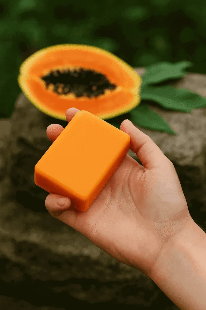 A vibrant bar of the best papaya soap for skin whitening placed beside fresh papaya and spa essentials