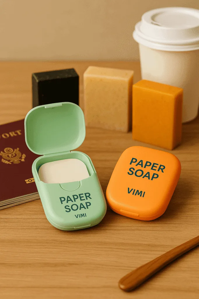 Hand wash paper soap case placed beside a passport and coffee cup, illustrating its convenience for travelers and on-the-go hygiene.