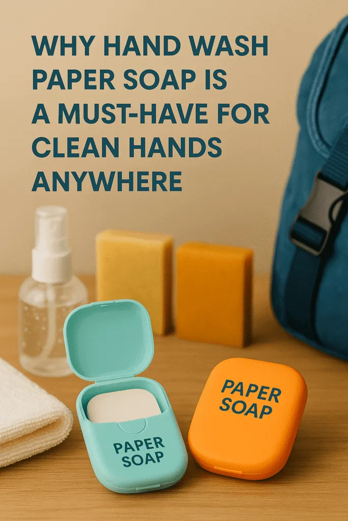 Hand wash paper soap displayed with a towel, sanitizer, and a backpack, emphasizing clean hands on the go.