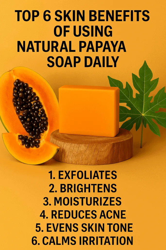 Natural papaya soap placed on a clean towel with fresh papaya slices, showcasing its gentle skincare benefits.