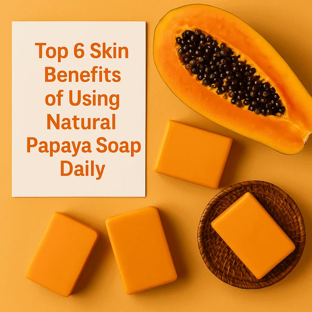 A bar of natural papaya soap with botanical ingredients beside it, highlighting its nourishing and exfoliating properties for daily skincare.