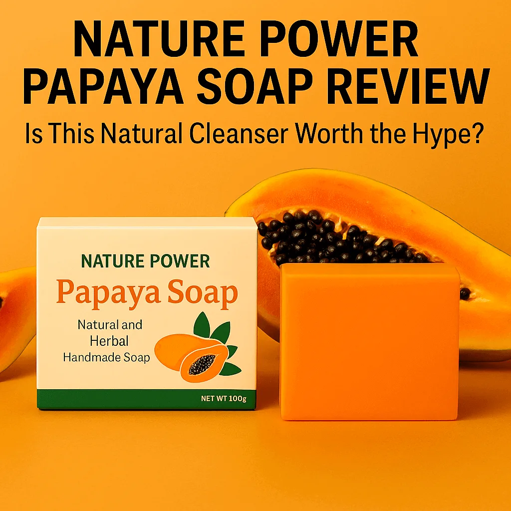 Close-up of Nature Power Papaya Soap with bold packaging and fruit background, supporting a product review article.