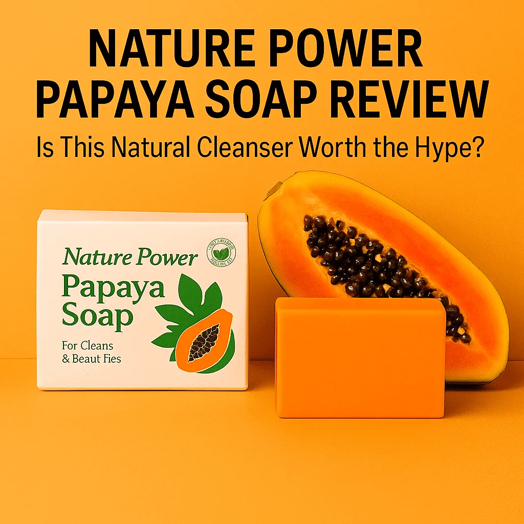 Nature Power Papaya Soap displayed with sliced papaya and product box, showcasing its appeal as a natural cleanser.