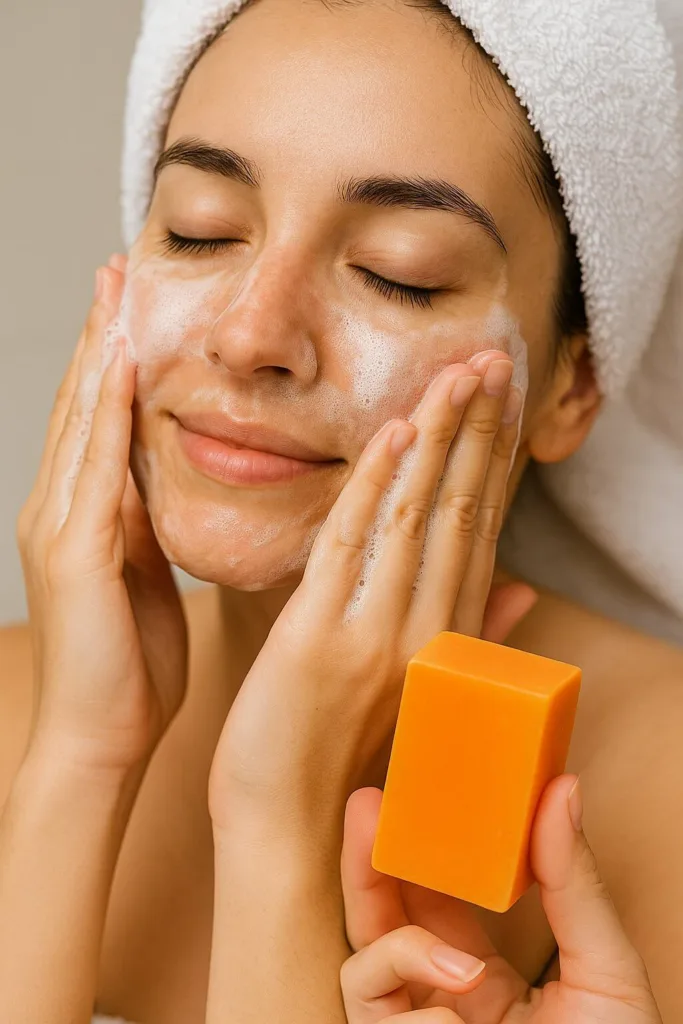 Woman washing her face to experience Nature Power Papaya Soap Benefits for clear and radiant skin.