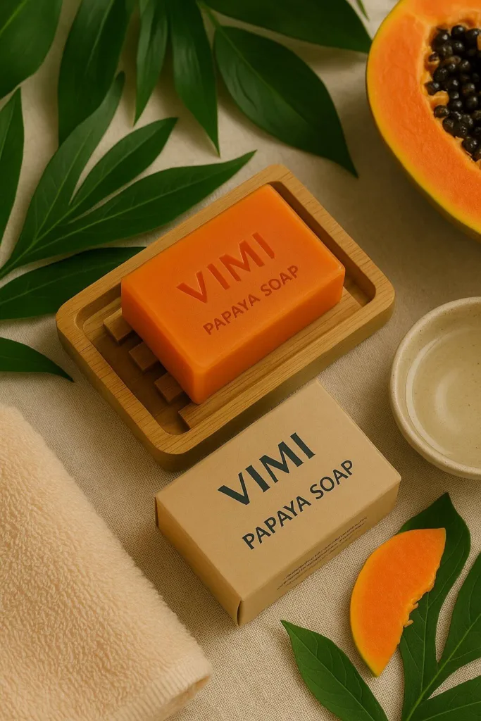 Bar of papaya soap on a bamboo tray showcasing Nature Power Papaya Soap Benefits for natural skincare.