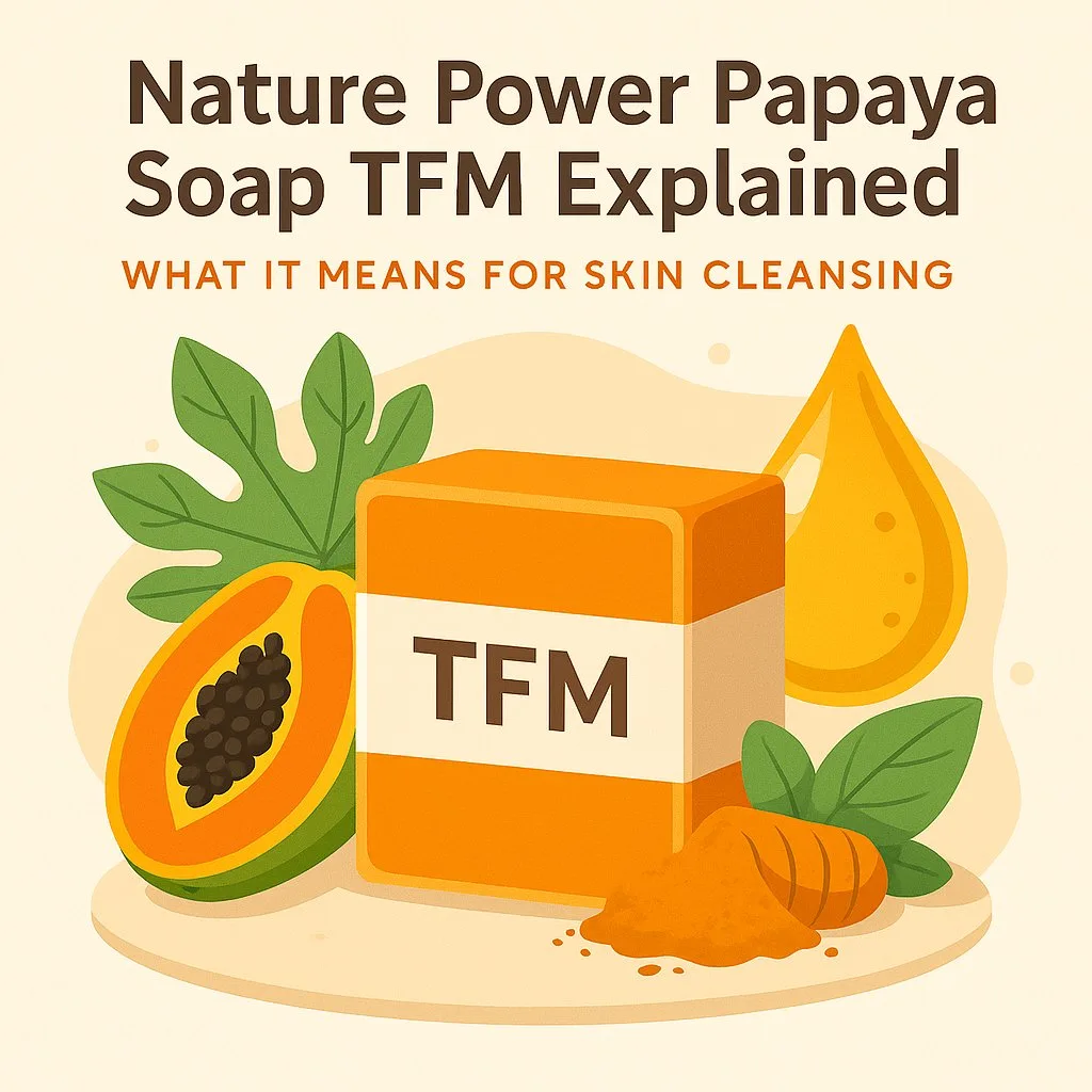 Nature Power Papaya Soap TFM displayed with skincare elements, emphasizing total fatty matter content for effective cleansing.