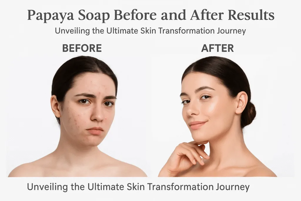 Promotional banner highlighting Papaya Soap Before and After Results for clearer and brighter skin