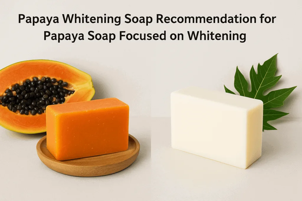Papaya whitening soap bar displayed with tropical fruit slices,