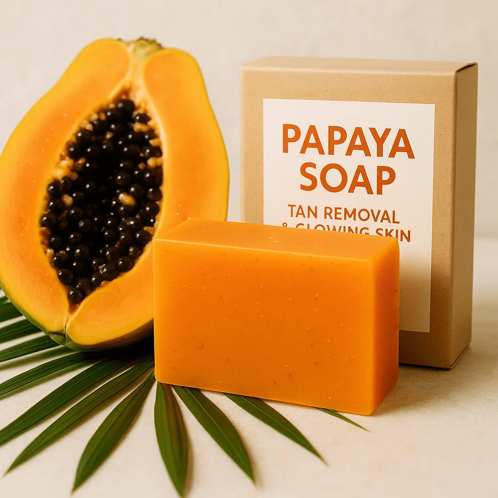 Natural Papaya Soap for Acne Scars placed beside skincare FAQs for scar treatment
