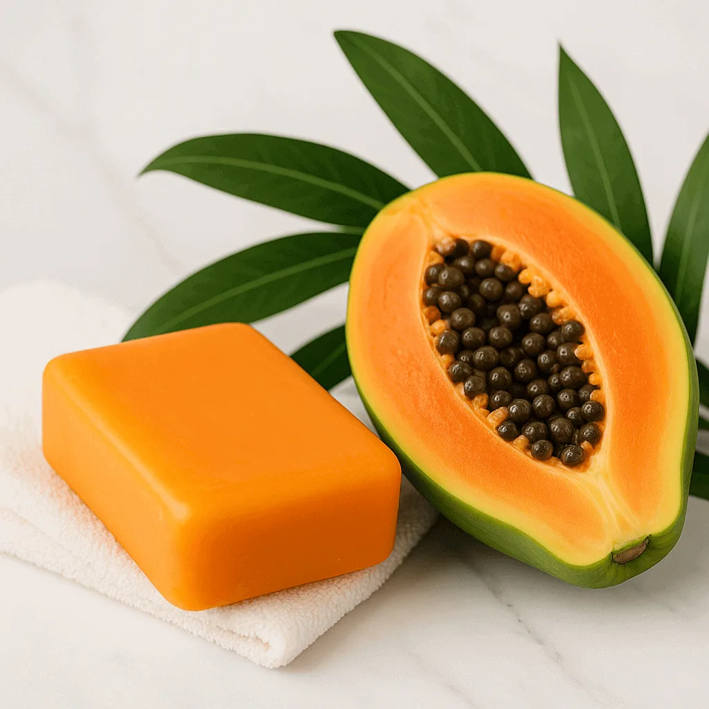 Papaya Soap for Body Odor placed on a bathroom counter, highlighting its natural deodorizing properties