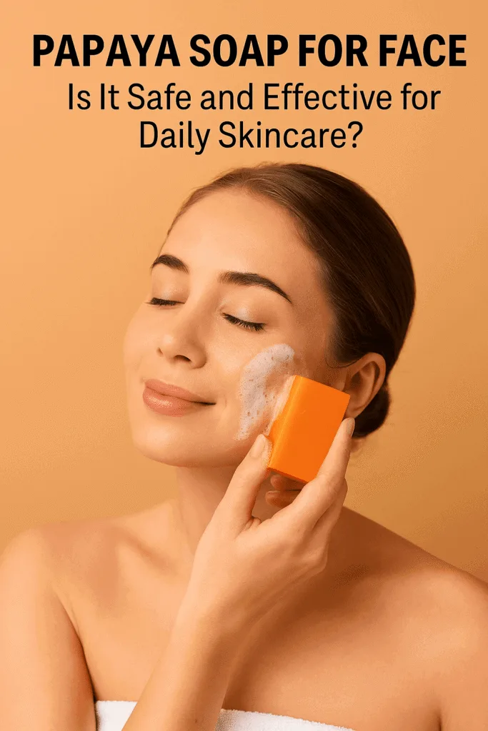 Woman applying papaya soap for face with gentle lather, illustrating its use for daily skincare on a clean, peach-colored background.