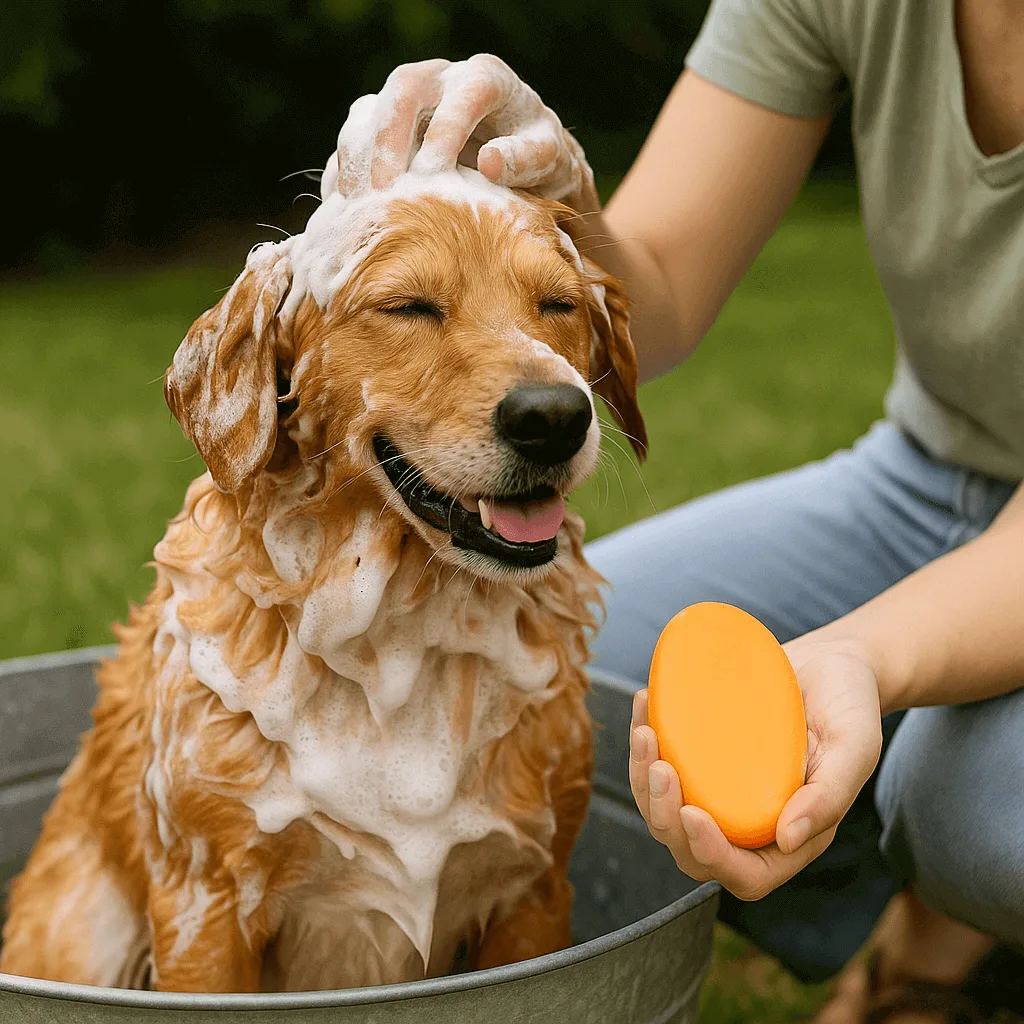 Bath time using Papaya Soap for Pet Owners to gently clean and nourish a golden retriever’s coat