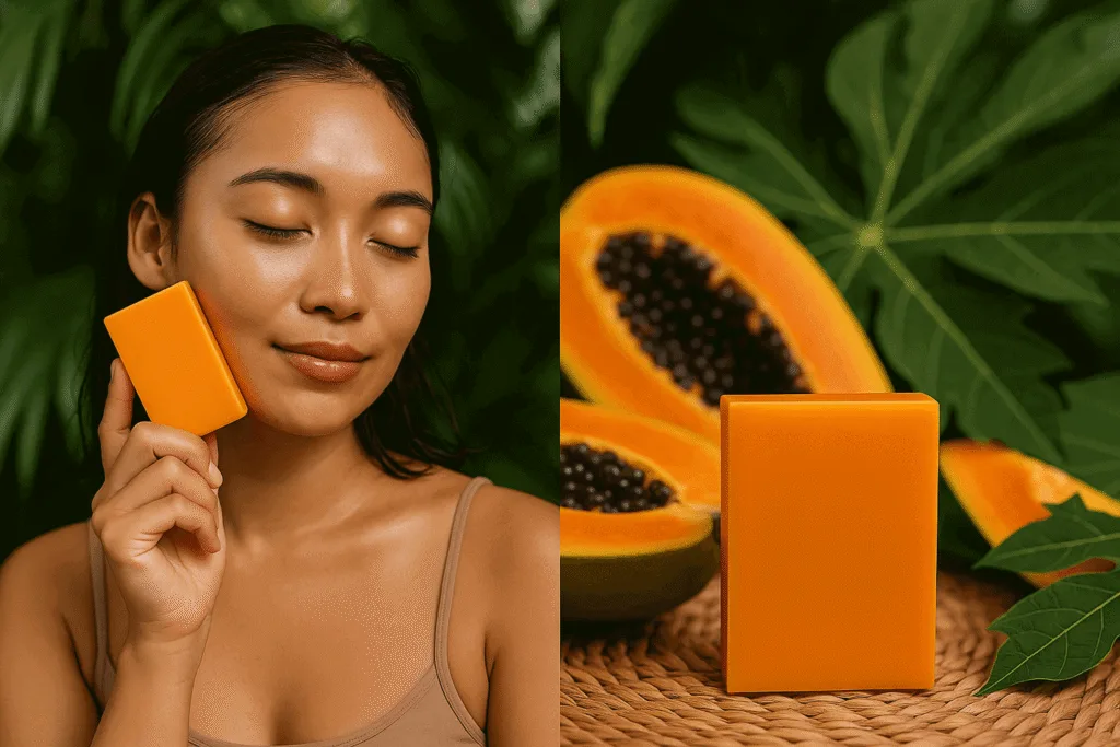 A young woman using papaya soap PH on her face in a tropical Philippine setting