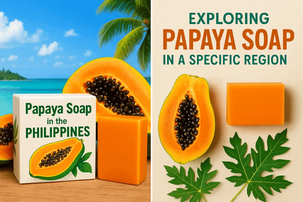 Papaya soap PH placed beside fresh papaya and tropical leaves, highlighting its natural ingredients.
