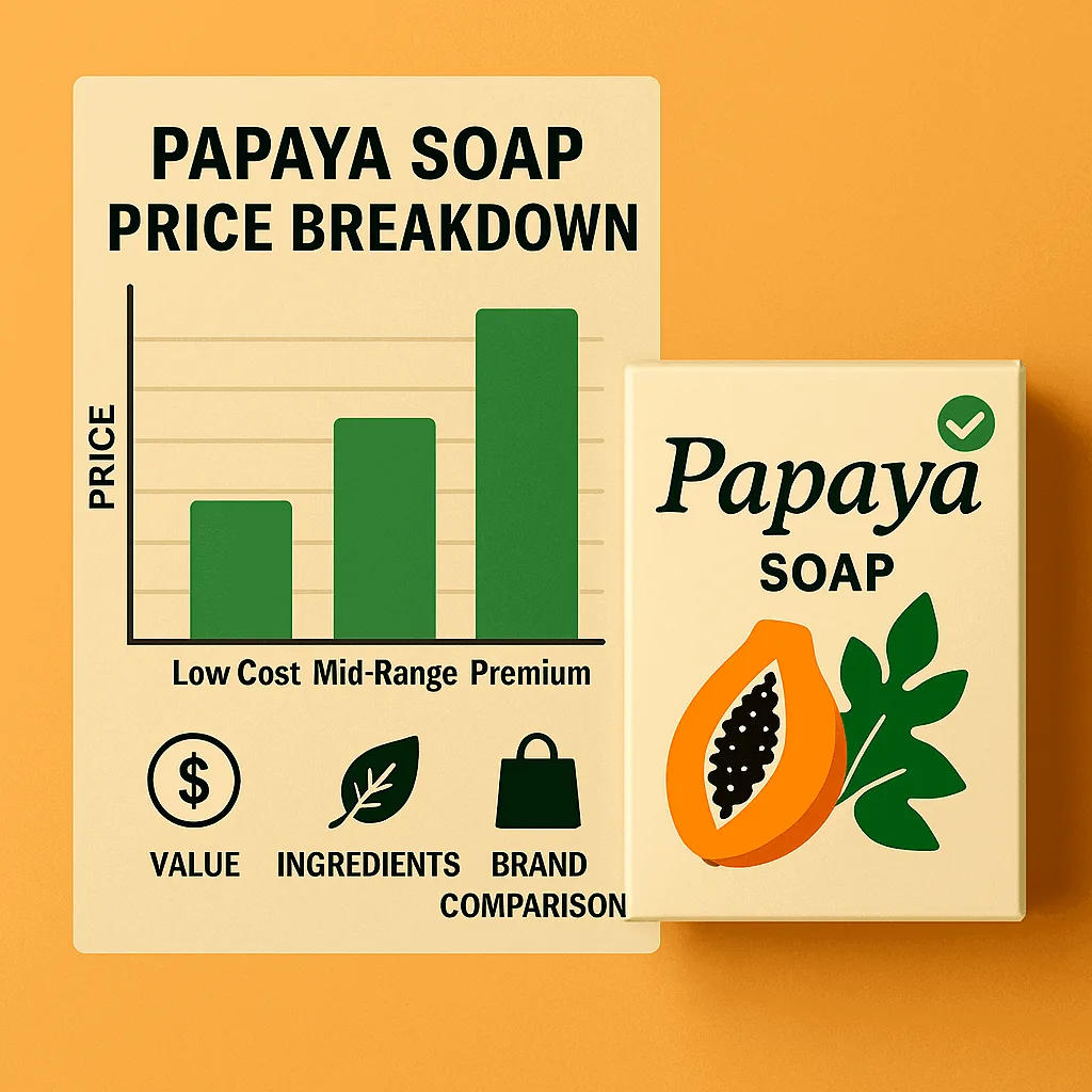 Bar chart showing papaya soap price comparison across low cost, mid-range, and premium options, next to a branded papaya soap box with icons for value, ingredients, and brand.