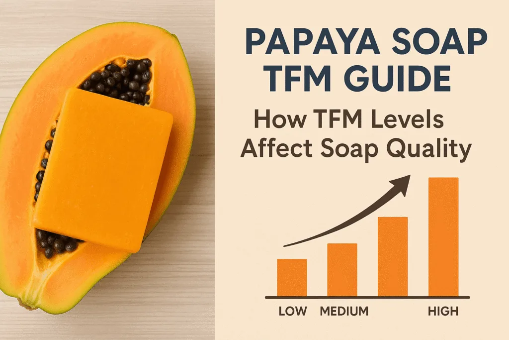 Illustration showing Papaya Soap TFM levels and how they affect soap quality, featuring a bar of papaya soap and a chart comparing TFM values.
