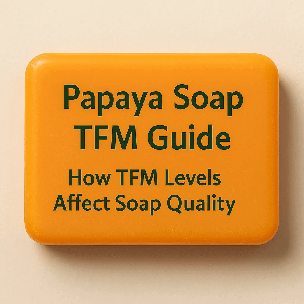 Close-up of an orange bar labeled "Papaya Soap TFM Guide," emphasizing the impact of TFM content on papaya soap performance.