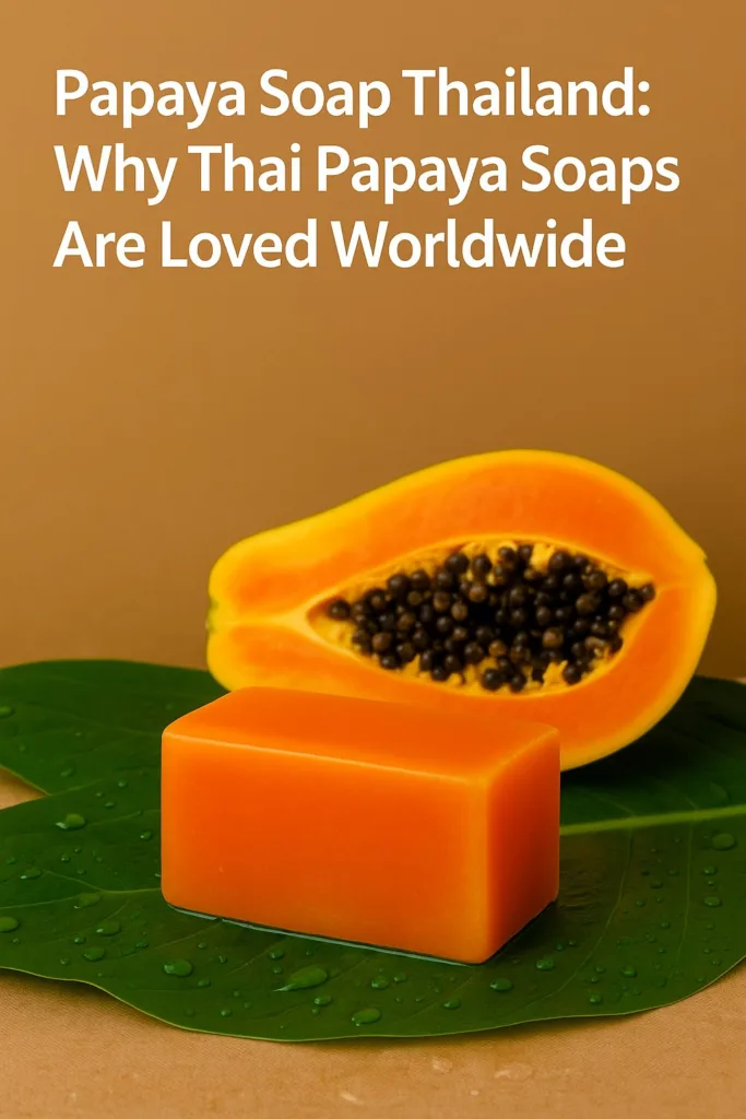 Premium papaya soap from Thailand displayed with tropical elements for natural beauty care