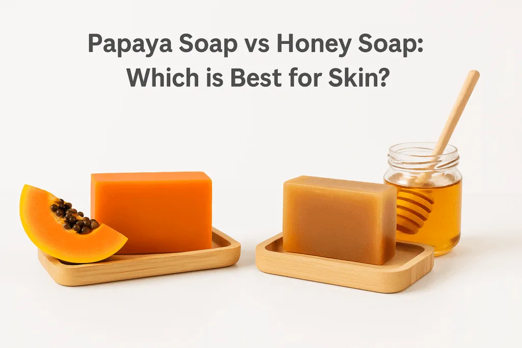 Papaya Soap vs Honey Soap comparison image showing two natural soap bars side by side