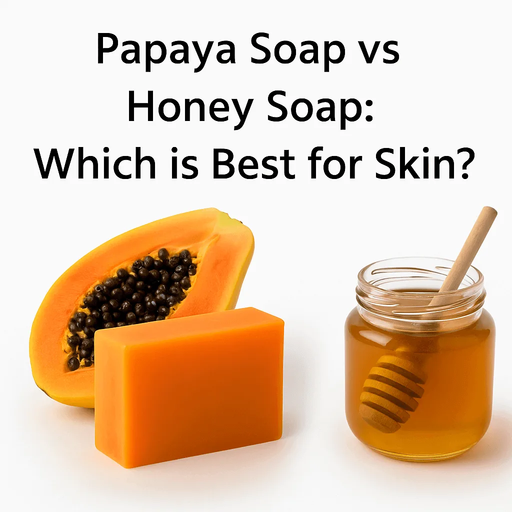 A digital image illustrating Papaya Soap vs Honey Soap for skincare benefits and texture contrast