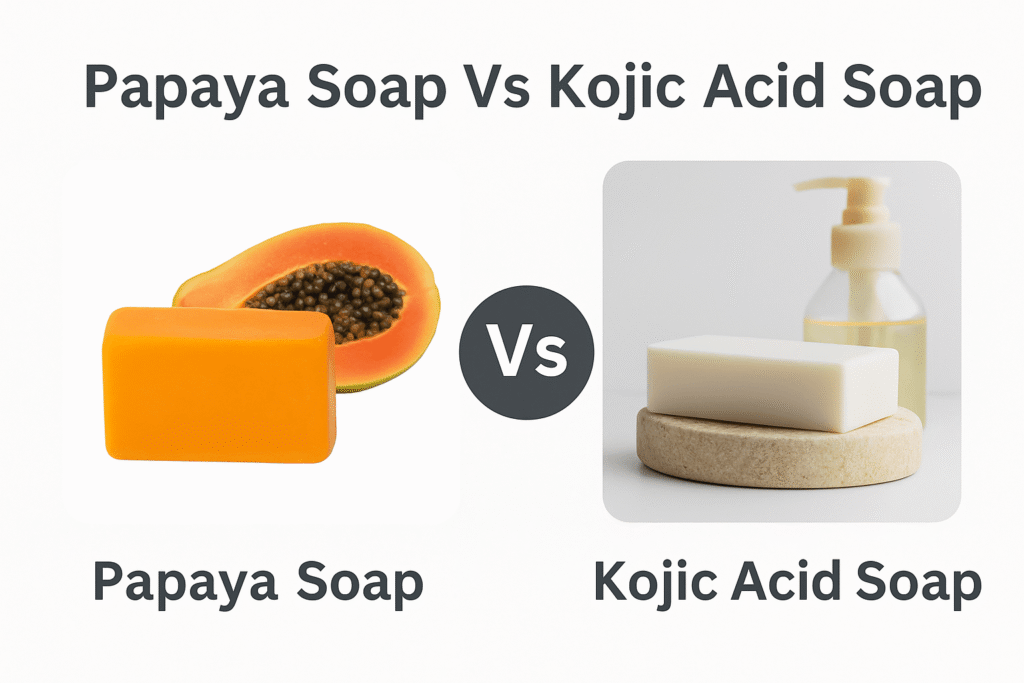 Papaya Soap Vs Kojic Acid Soap comparison image showing both bars side by side on white background