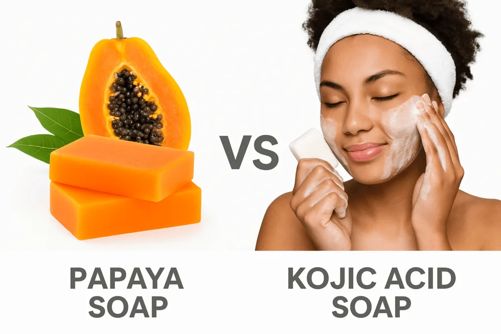 User applying Papaya Soap Vs Kojic Acid Soap as part of daily skincare routine in a natural bathroom setting