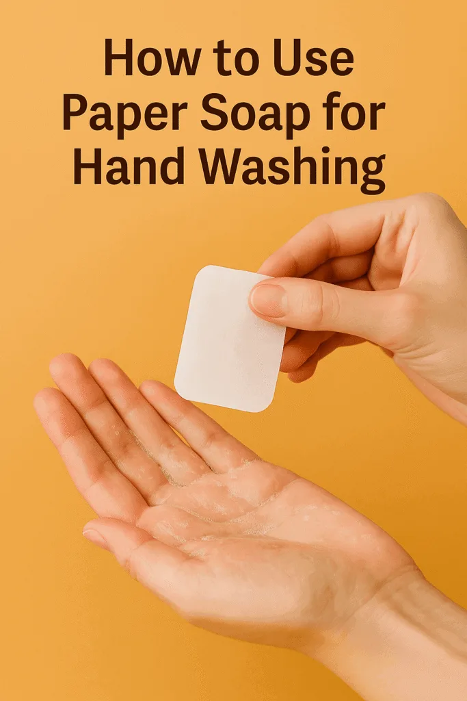 A hand holding paper soap for hand wash near a sink, emphasizing its portability and ease of use in daily routines.