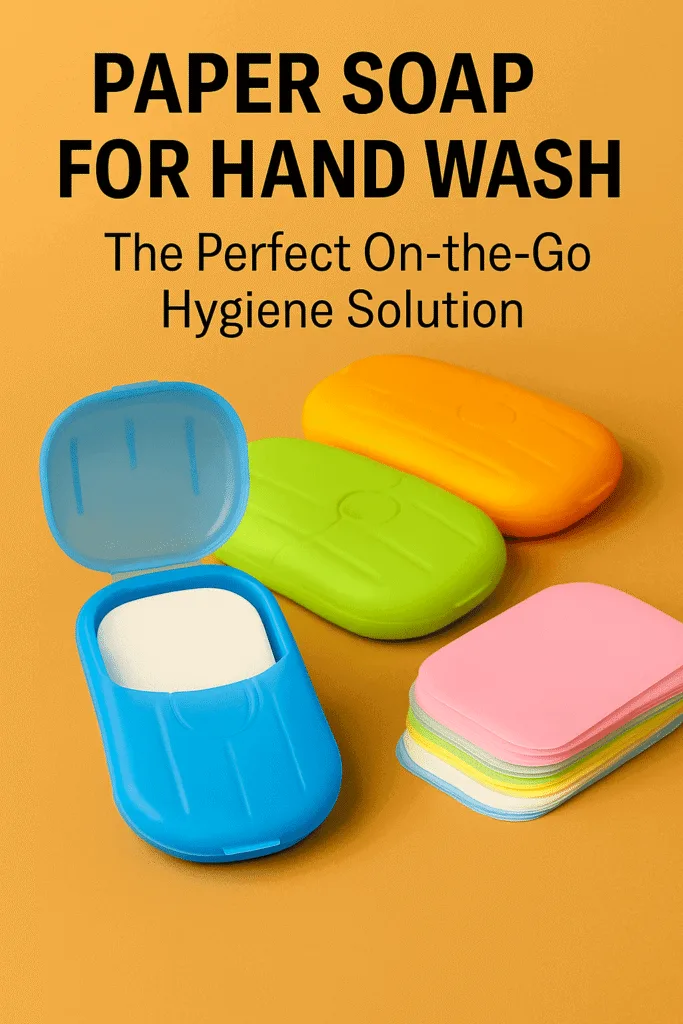 Paper soap for hand wash displayed with travel accessories, highlighting its convenience for on-the-go hygiene.