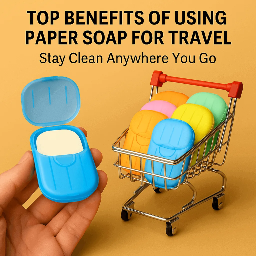 Hand holding an open yellow case of paper soap for travel, showcasing its portability and convenience.