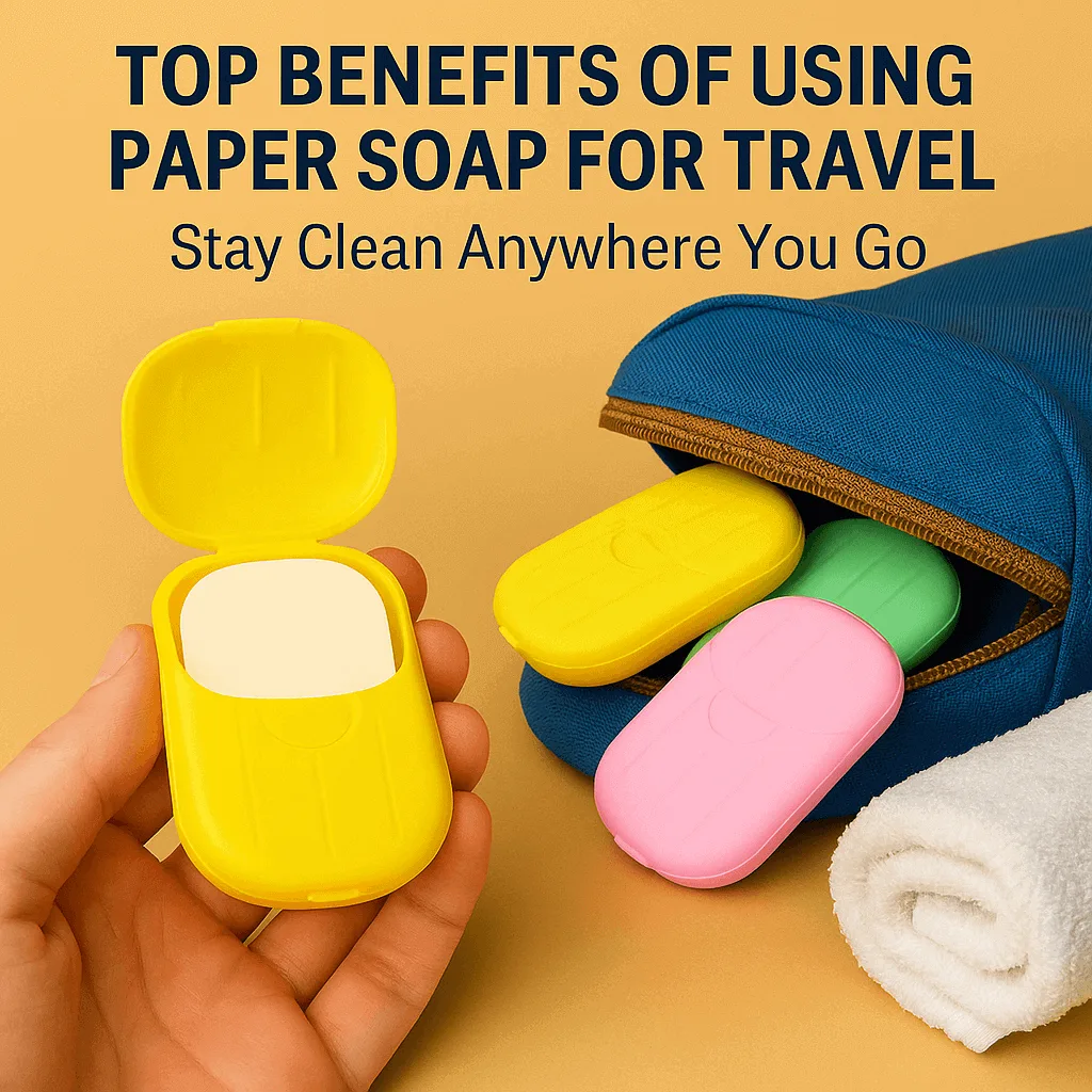 Travel bag with paper soap for travel and a rolled towel, highlighting essential hygiene items for trips.
