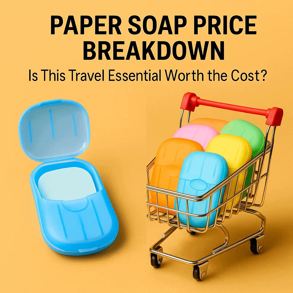Paper soap price display showing an open blue paper soap case and a mini cart filled with colorful soap packs.