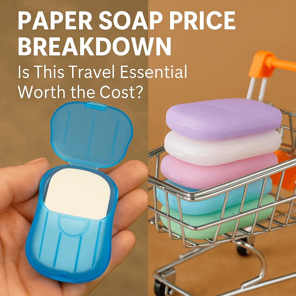 Paper soap price comparison with a hand holding an open soap case and pastel-colored paper soap containers in a shopping cart.