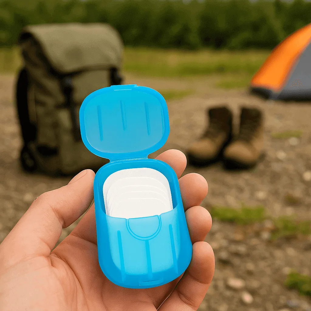 A hand holding blue travel case with paper soap sheets, set against a camping background with boots and a tent, highlighting outdoor hygiene convenience.