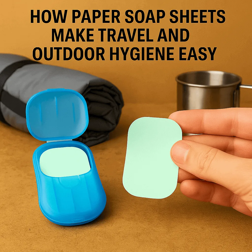 Hand holding paper soap sheets with travel gear in background, highlighting portability and hygiene benefits.