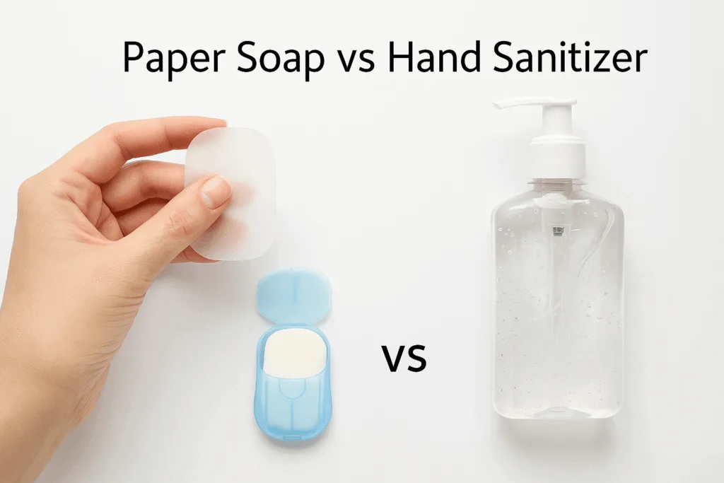 Paper Soap vs Hand Sanitizer comparison showing product design and hygiene differences