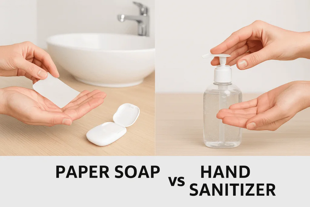 Practical usage of Paper Soap vs Hand Sanitizer during outdoor hand cleaning for better cleanliness choice