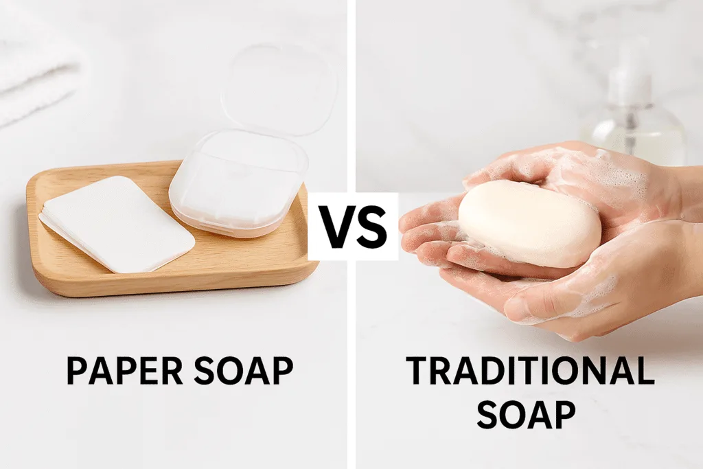 Paper Soap vs Traditional Soap comparison on white background showing packaging and portability differences